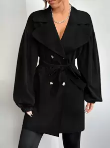 SHEIN EZwear 秋冬翻领落肩双排扣系带风衣