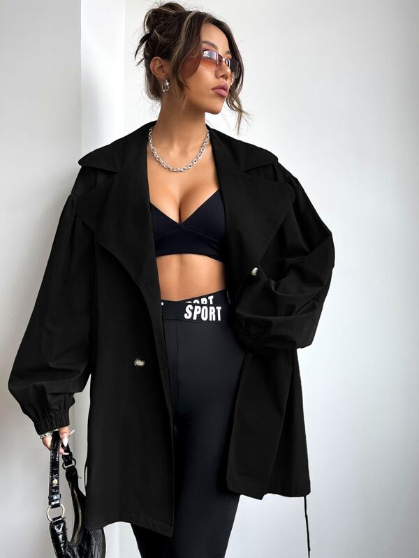 SHEIN EZwear Lapel Collar Drop Shoulder Double Breasted Belted Trench Coat In Fall/Winter