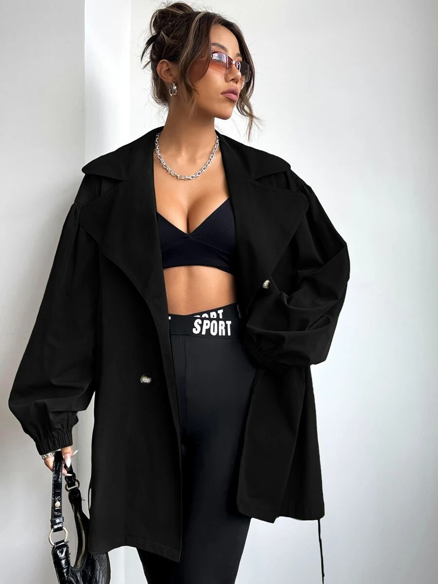 SHEIN EZwear 秋冬翻领落肩双排扣系带风衣