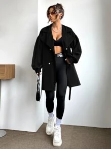 SHEIN EZwear 秋冬翻领落肩双排扣系带风衣