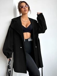 SHEIN EZwear 秋冬翻领落肩双排扣系带风衣