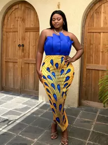 Plus Peacock Print Pleated Backless Tube Dress - Multicolor - View 1