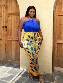 Plus Peacock Print Pleated Backless Tube Dress - Multicolor - View 3