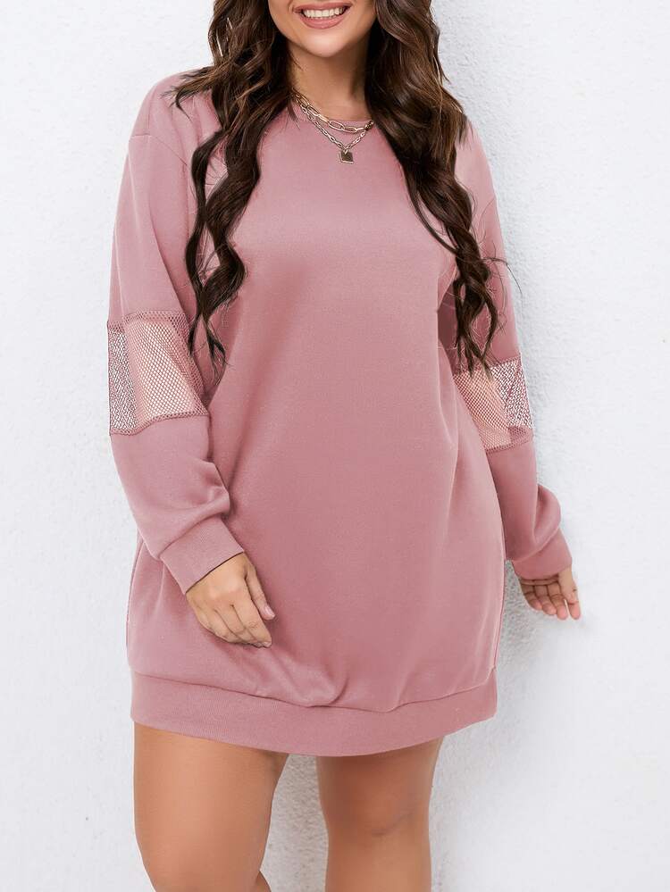 SHEIN LUNE Plus Contrast Fishnet Drop Shoulder Sweatshirt - Dusty Pink - View 1