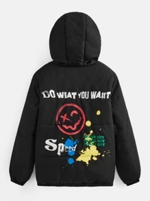 SHEIN 青少年男孩标语与卡通图案连帽棉服外套