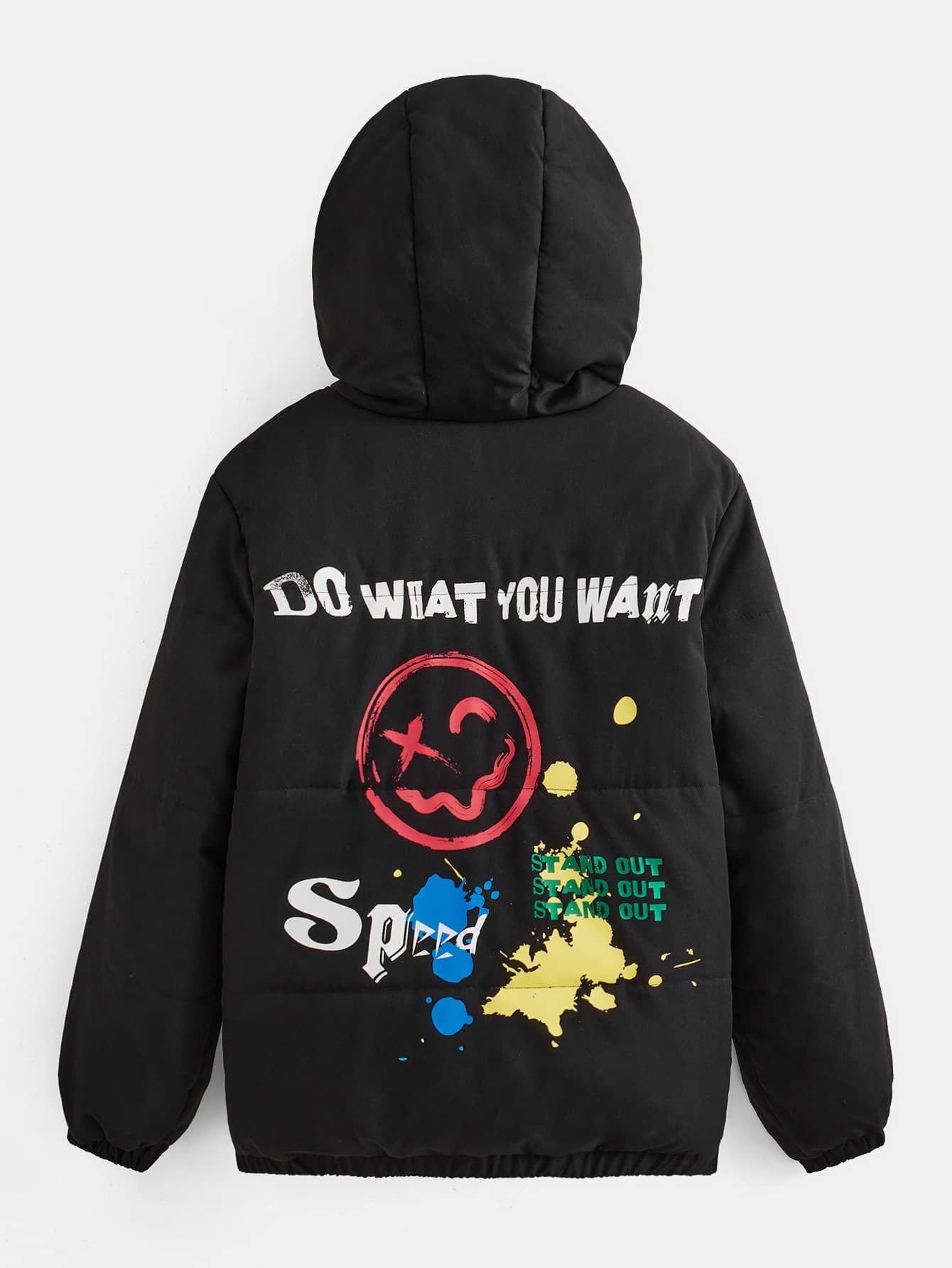 SHEIN 青少年男孩标语与卡通图案连帽棉服外套