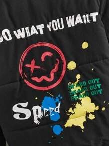 SHEIN 青少年男孩标语与卡通图案连帽棉服外套