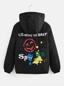 SHEIN 青少年男孩标语与卡通图案连帽棉服外套