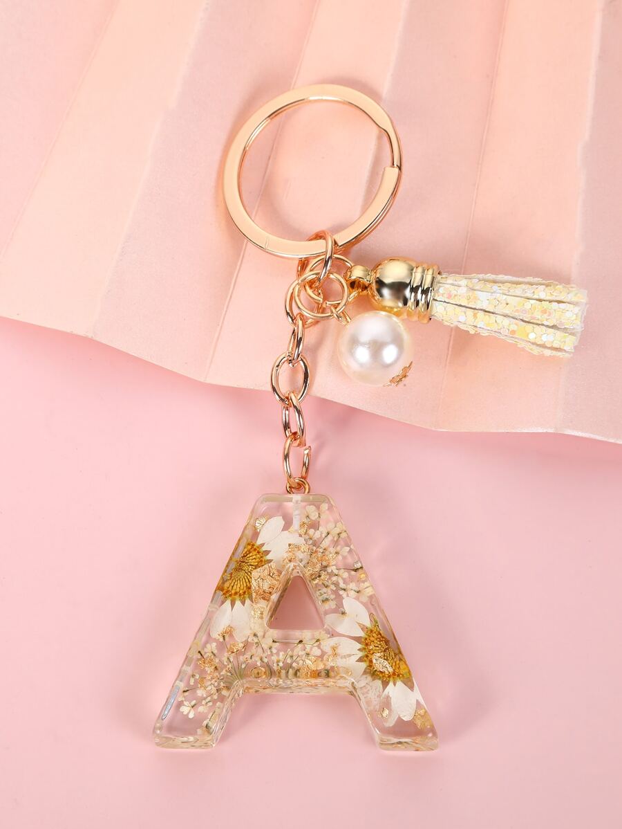 1pc Women's White Chrysanthemum Real Flower & Crystal & Faux Pearl Decor Keychain With Tassel And Letter Pendant - Multicolor - View 1