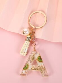 1pc Women's White Chrysanthemum Real Flower & Crystal & Faux Pearl Decor Keychain With Tassel And Letter Pendant - Multicolor - View 2