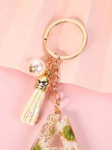 1pc Women's White Chrysanthemum Real Flower & Crystal & Faux Pearl Decor Keychain With Tassel And Letter Pendant - Multicolor - View 3