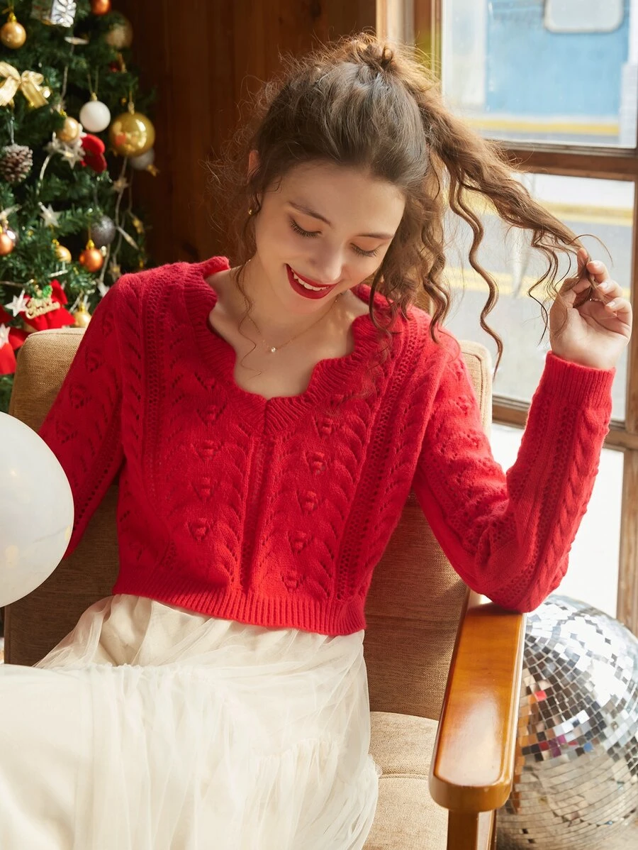 Knit Mix Scallop Trim Cable Knit Jumper - Red - View 1