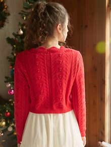 Knit Mix Scallop Trim Cable Knit Jumper - Red - View 2