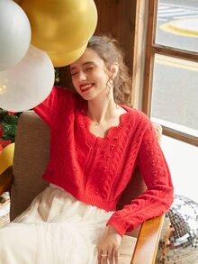 Knit Mix Scallop Trim Cable Knit Jumper - Red - View 6