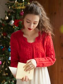 Knit Mix Scallop Trim Cable Knit Jumper - Red - View 7