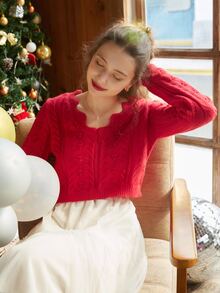 Knit Mix Scallop Trim Cable Knit Jumper - Red - View 8