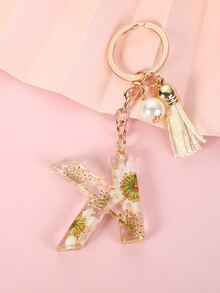 1pc Women's White Daisy Real Flower Crystal & Resin & Dried Flower & Letter Pendant With Tassel & Faux Pearl For Bag Or Keychain