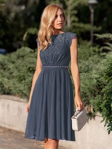 MIUSOL Floral Lace Cap Sleeve Sequin Insert Waist Prom Party Swing Dress - Grey - View 4