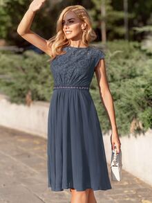 MIUSOL Floral Lace Cap Sleeve Sequin Insert Waist Prom Party Swing Dress - Grey - View 6