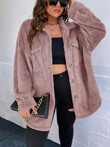 SHEIN Essnce 大碼落肩袖翻蓋口袋法蘭絨外套 - 藕粉色 - 查看 1