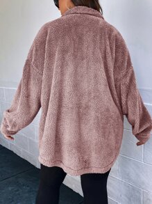 SHEIN Essnce 大碼落肩袖翻蓋口袋法蘭絨外套 - 藕粉色 - 查看 2