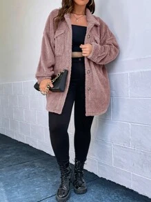 SHEIN Essnce 大碼落肩袖翻蓋口袋法蘭絨外套 - 藕粉色 - 查看 3