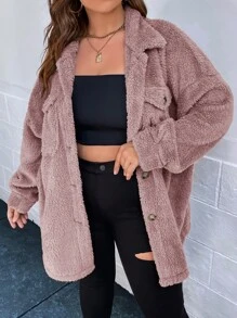 SHEIN Essnce 大碼落肩袖翻蓋口袋法蘭絨外套 - 藕粉色 - 查看 4