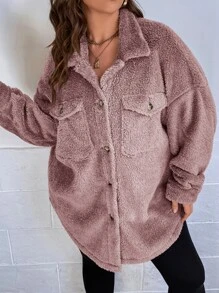 SHEIN Essnce 大碼落肩袖翻蓋口袋法蘭絨外套 - 藕粉色 - 查看 5