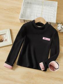 SHEIN Girls Letter Patched Mock Neck Thermal Tee - Black - View 3