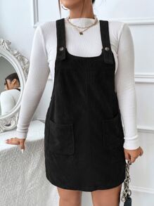 Flirla 大碼補丁貼口袋燈芯絨背帶洋裝不帶上衣 - 黑色 - 查看 1