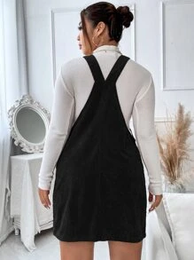 Flirla 大碼補丁貼口袋燈芯絨背帶洋裝不帶上衣 - 黑色 - 查看 2