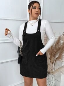 Flirla 大碼補丁貼口袋燈芯絨背帶洋裝不帶上衣 - 黑色 - 查看 3