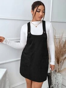 Flirla 大碼補丁貼口袋燈芯絨背帶洋裝不帶上衣 - 黑色 - 查看 5