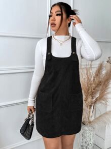 Flirla 大碼補丁貼口袋燈芯絨背帶洋裝不帶上衣 - 黑色 - 查看 6