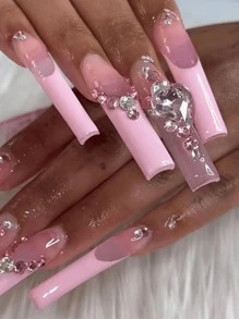 Transform Your Nails With 24pcs Extra Long Coffin Pink French Rhinestone Decor Fake Nail & 1sheet Tape & 1pc Nail File Press On Nails Nail Supplies - Pink - View 1