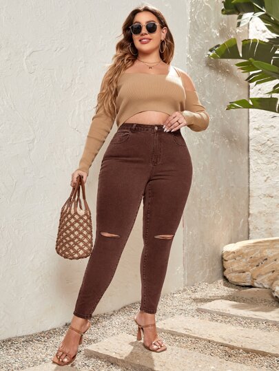 Plus High Waist Ripped Skinny Jeans