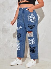 Plus Letter Print Ripped Jeans - Medium Wash - View 3