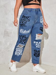 Plus Letter Print Ripped Jeans - Medium Wash - View 4