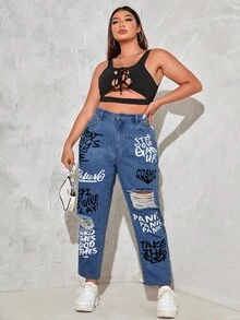Plus Letter Print Ripped Jeans - Medium Wash - View 5