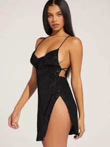 SHEIN BAE 高衩十字交叉後背繫帶亮片吊帶洋裝 - 黑色 - 查看 3