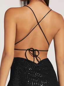 SHEIN BAE 高衩十字交叉後背繫帶亮片吊帶洋裝 - 黑色 - 查看 4