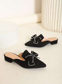 Rhinestone & Bow Decor Point Toe Faux Suede Flat Mules - Black - View 3