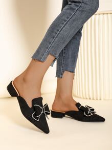 Rhinestone & Bow Decor Point Toe Faux Suede Flat Mules - Black - View 4