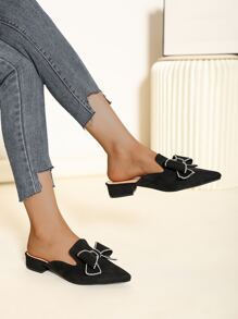 Rhinestone & Bow Decor Point Toe Faux Suede Flat Mules - Black - View 5