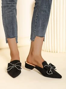 Rhinestone & Bow Decor Point Toe Faux Suede Flat Mules - Black - View 6