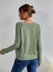 SHEIN LUNE 插肩袖網眼針織套頭毛衣 - 軍綠色 - 查看 2
