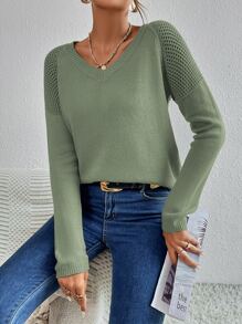 SHEIN LUNE 插肩袖網眼針織套頭毛衣 - 軍綠色 - 查看 3