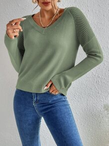 SHEIN LUNE 插肩袖網眼針織套頭毛衣 - 軍綠色 - 查看 4