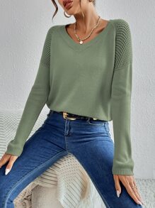 SHEIN LUNE 插肩袖網眼針織套頭毛衣 - 軍綠色 - 查看 5