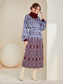 Mulvari Geo Pattern Turtleneck Drop Shoulder Jumper Dress Without Belt - Multicolor - View 1